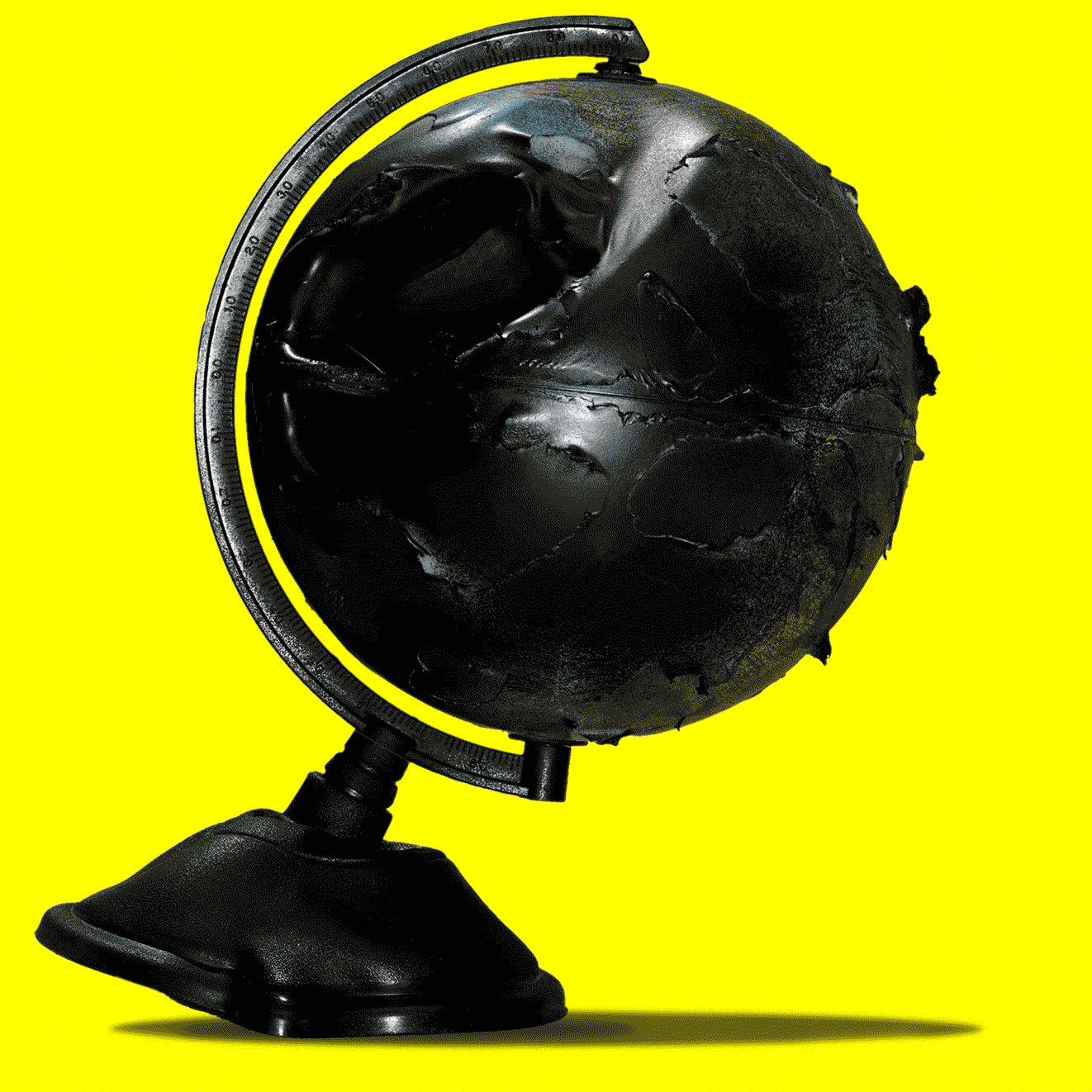 Spinning burnt black globe, melted and tilted right. Globe has a shadow and is over a yellow background.