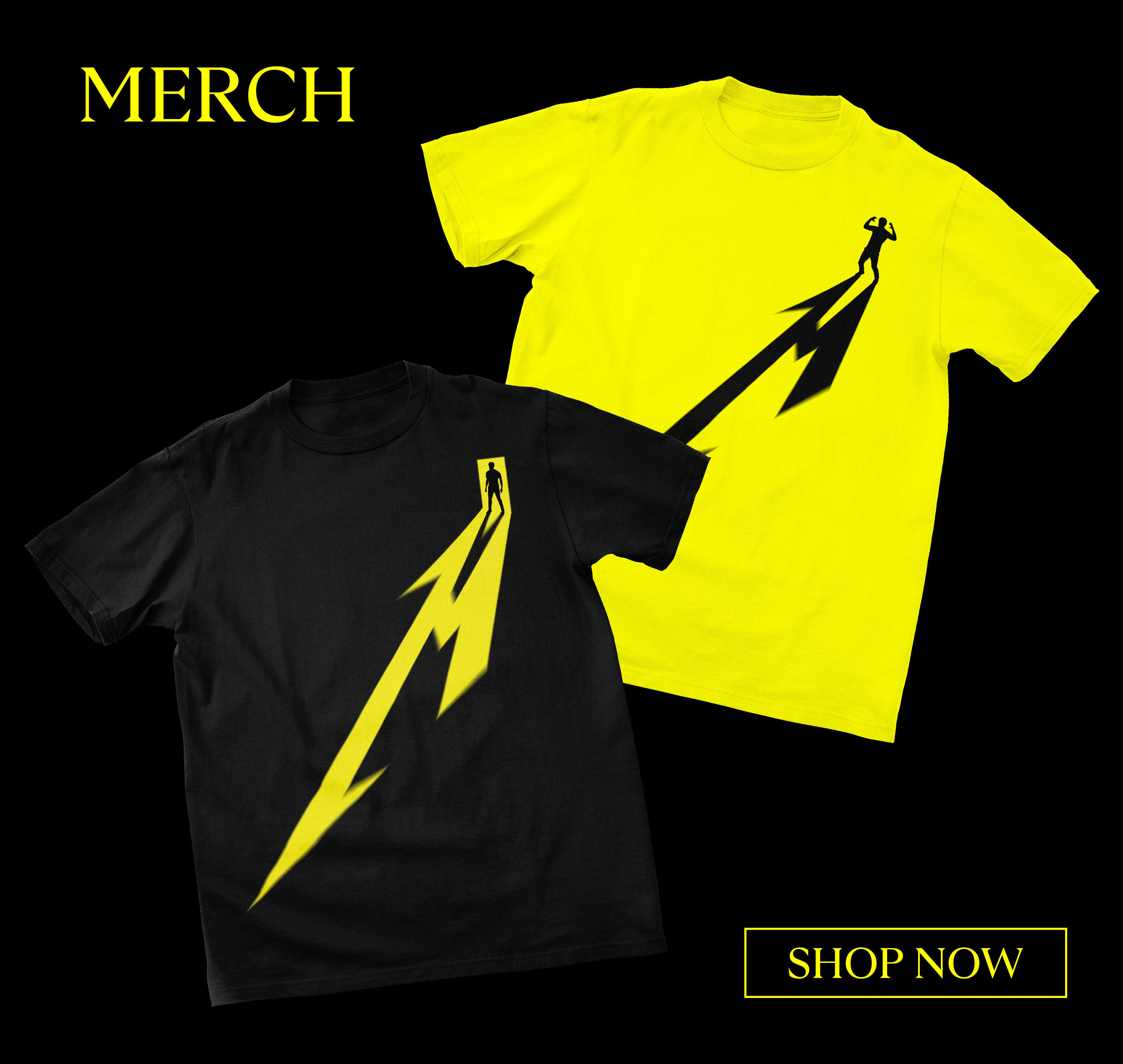 Yellow background. "Merch" written sideways. Black Tshirt with yellow, stylized "72". "Show Now" button.