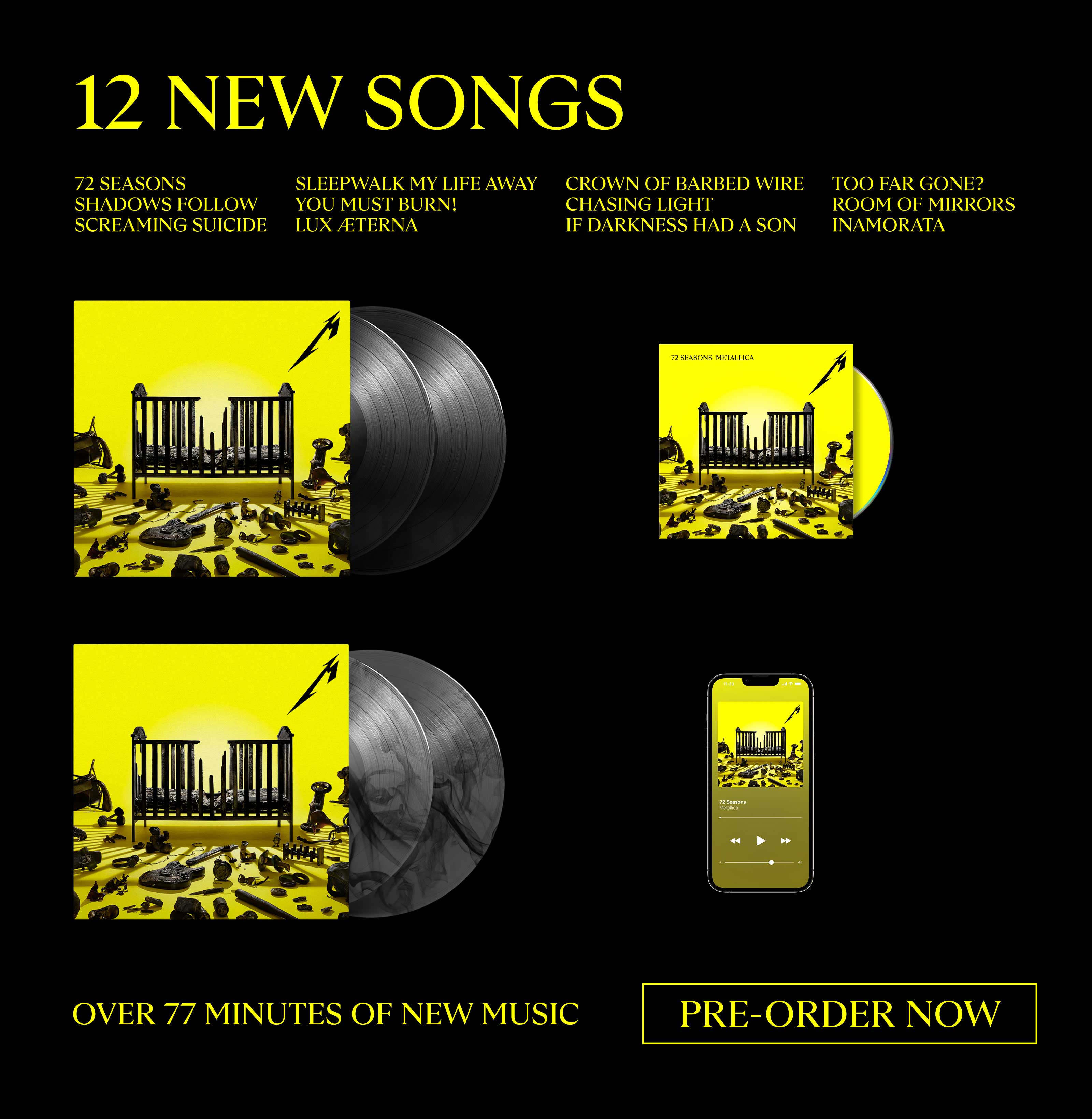 Black background. "Music" written sidewise in yellow. Vinyl discs shown coming out of their album art cover. Vinyls discs vary in color: yellow, smoky gray, and black. "Preorder Now" button.