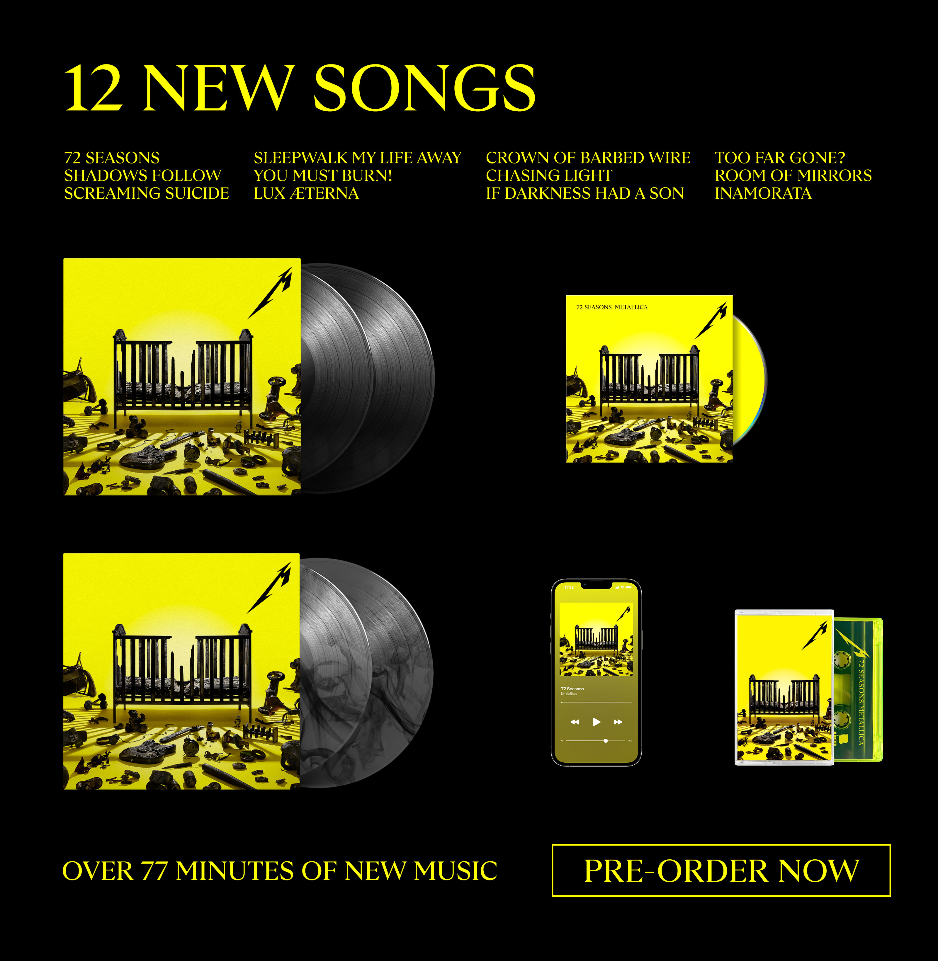 Black background. "Music" written sidewise in yellow. Vinyl discs shown coming out of their album art cover. Vinyls discs vary in color: yellow, smoky gray, and black. "Preorder Now" button.