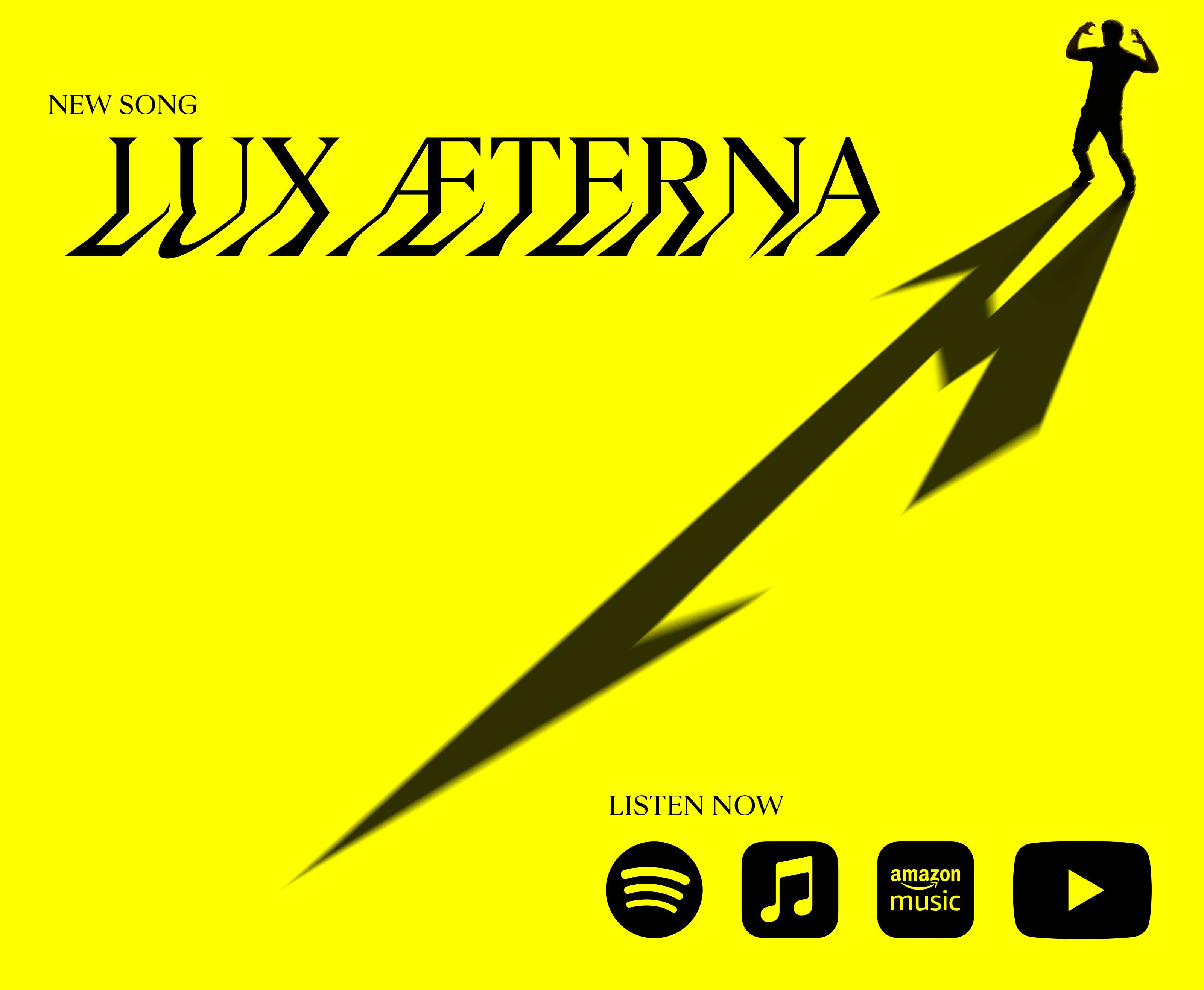 Album art of "New Song, Lux Aeterna". Black outline of a distressed, screaming person over a yellow background. Their shadow is the Metallica M logo.