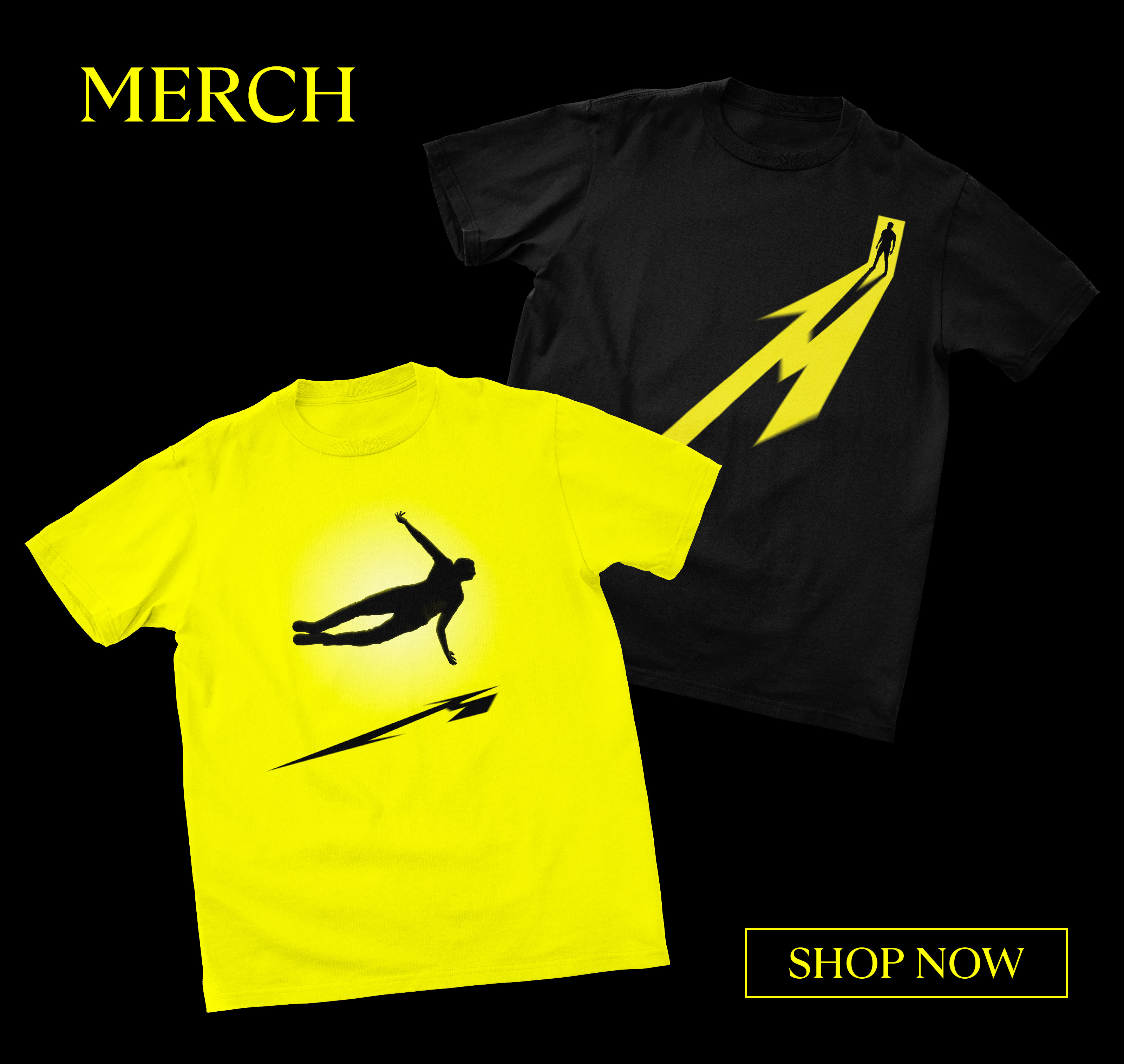 Yellow background. "Merch" written sideways. Black Tshirt with yellow, stylized "72". "Show Now" button.